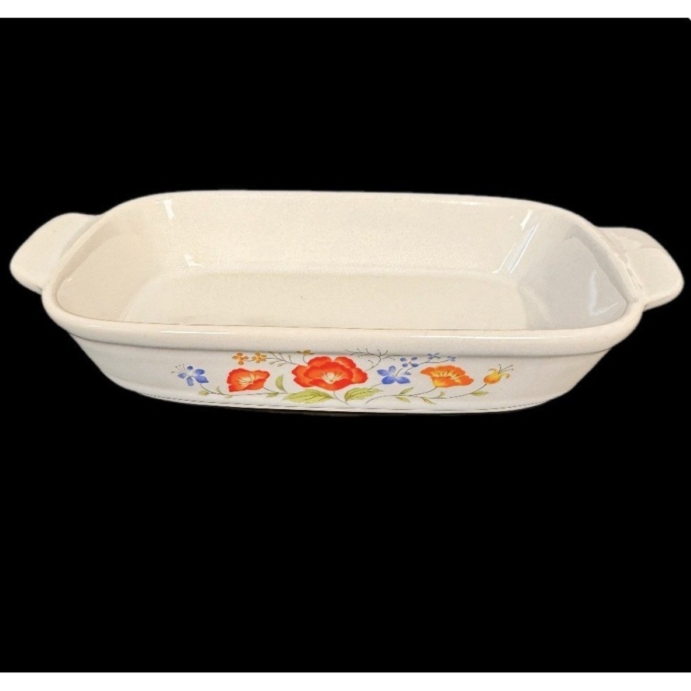 Japan VTG Floral Ceramic Baking Dish 7x4" White Orange Poppy Stoneware Casserole